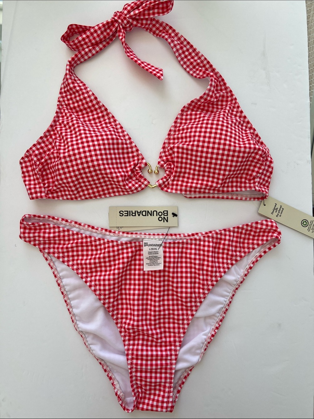 No boundaries checker red and white bikini set heart center goldbroucheoman L NW